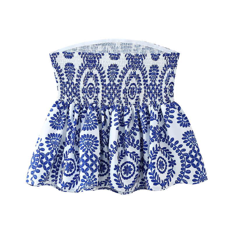 Trükitud lillelised kärbitud ülaosaga, rihveldatud rinnakorviga, õlakateta, volangiga põhjaga naiste suverõivad