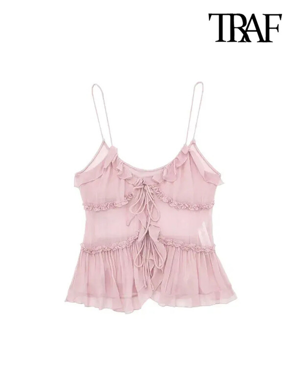TRAF Moda femei cu volanat legat în față maiuri semi-transparente sexy, fără spate, bretele subțiri, camis pentru femeie