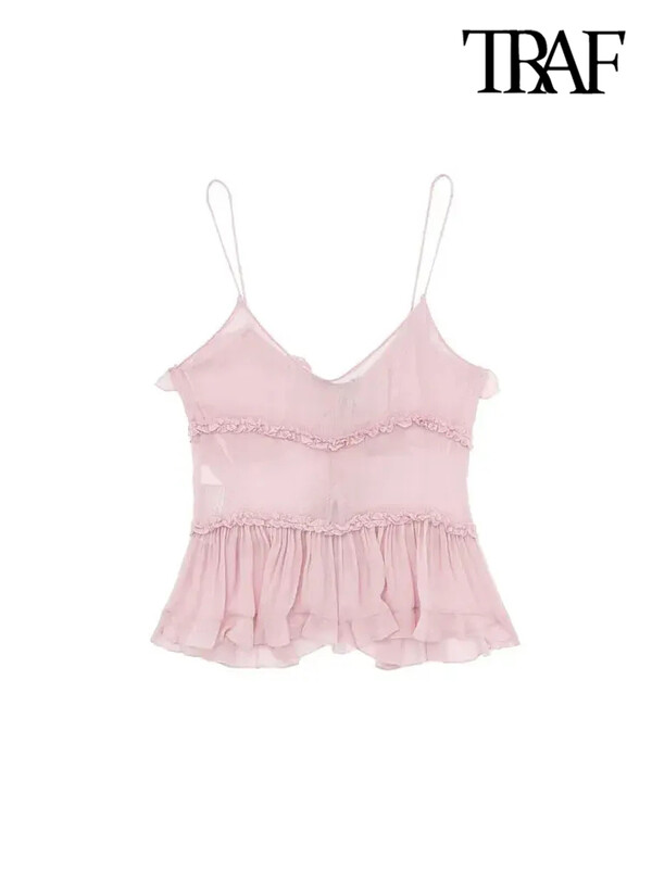 TRAF Moda femei cu volanat legat în față maiuri semi-transparente sexy, fără spate, bretele subțiri, camis pentru femeie