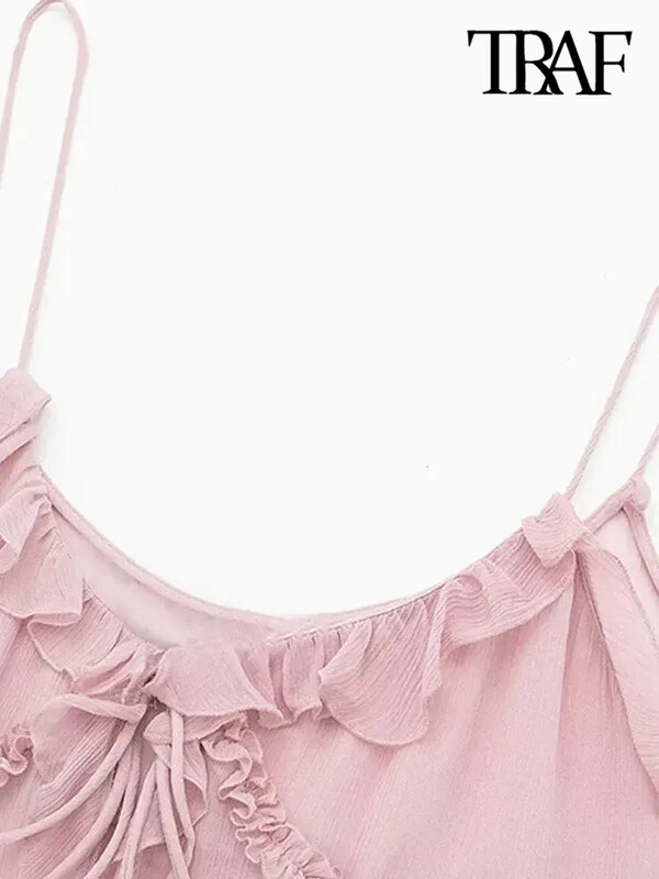 TRAF Moda femei cu volanat legat în față maiuri semi-transparente sexy, fără spate, bretele subțiri, camis pentru femeie