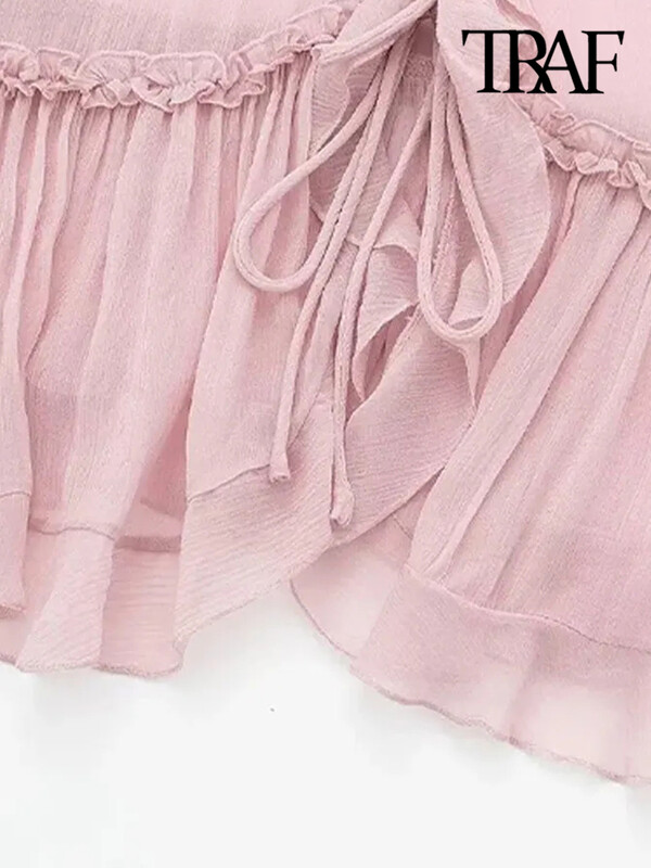 TRAF Moda femei cu volanat legat în față maiuri semi-transparente sexy, fără spate, bretele subțiri, camis pentru femeie