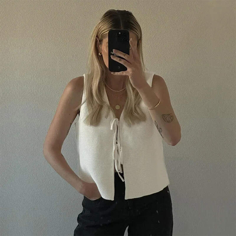 Aoaiiys vestă albă pentru femei, tricotată cu decolteu în V, cu scobitură, fără mâneci, cu dantelă, ocazională, vestă de îmbrăcăminte exterioară, la modă nouă, 2024