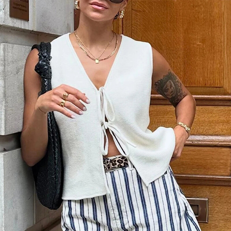 Aoaiiys vestă albă pentru femei, tricotată cu decolteu în V, cu scobitură, fără mâneci, cu dantelă, ocazională, vestă de îmbrăcăminte exterioară, la modă nouă, 2024