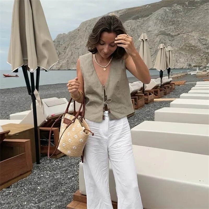 TRAF Beading varrukateta vest, naiste V kaelus, must kärbitud vest Naiste jope, seotud lühikesed mantlid, vest, naiste moevestid 2024