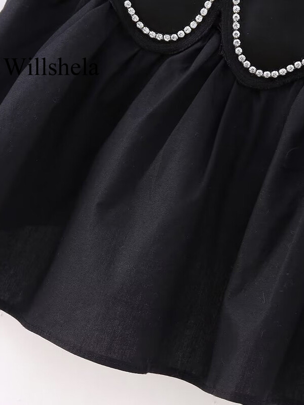 Willshela ženske modne crne kratke majice s čipkom bez leđa, vintage tanke naramenice, plisirane ženske šik majice