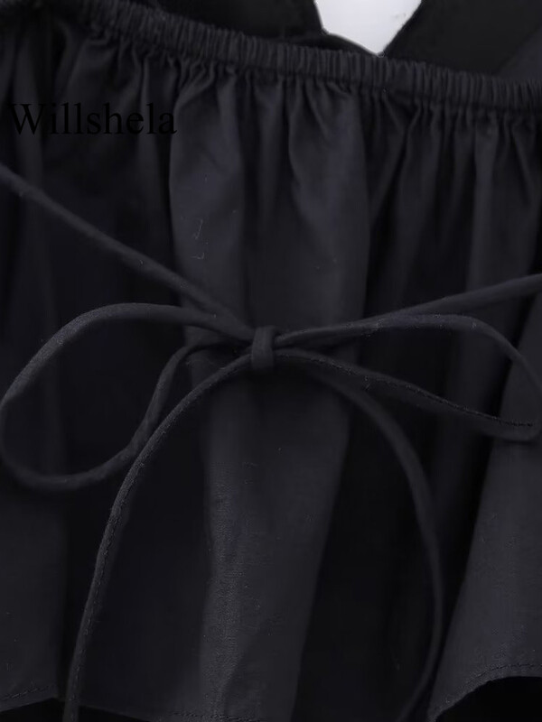 Willshela ženske modne crne kratke majice s čipkom bez leđa, vintage tanke naramenice, plisirane ženske šik majice