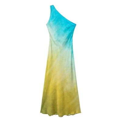 TRAFZA Tie Dye рокля за жени Летни елегантни рокли без ръкави с едно рамо Модна миди рокля с преливащ цвят Vestidos Mujer