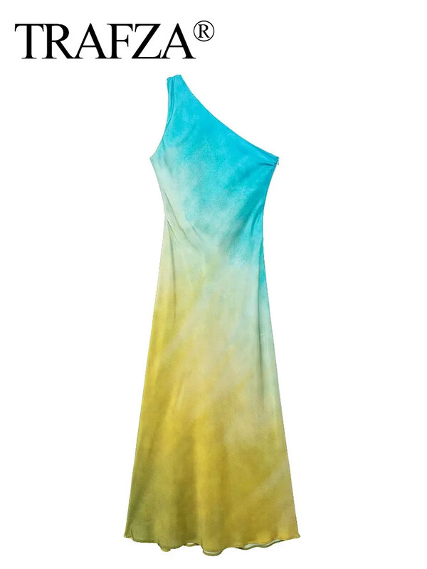 TRAFZA Rochie Tie Dye pentru femei de vară, elegantă, cu un singur umăr, fără mâneci, rochie midi, la modă, de culoare degradată, rochii pentru femei