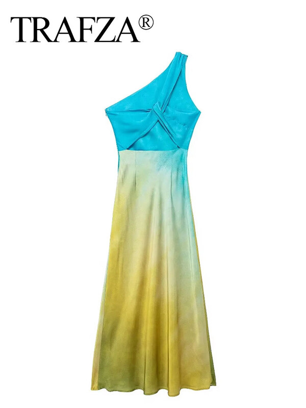 TRAFZA Rochie Tie Dye pentru femei de vară, elegantă, cu un singur umăr, fără mâneci, rochie midi, la modă, de culoare degradată, rochii pentru femei
