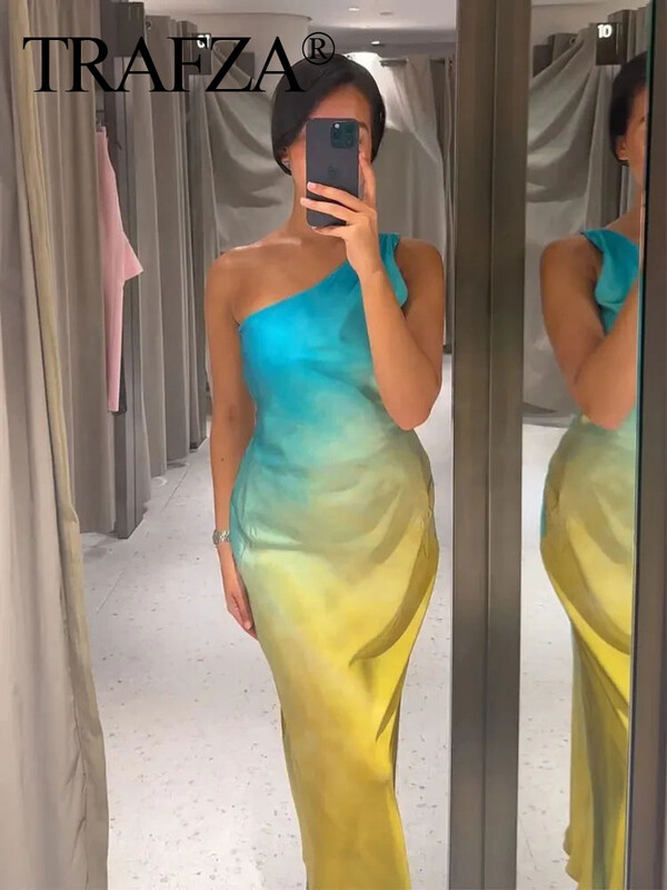 TRAFZA Rochie Tie Dye pentru femei de vară, elegantă, cu un singur umăr, fără mâneci, rochie midi, la modă, de culoare degradată, rochii pentru femei