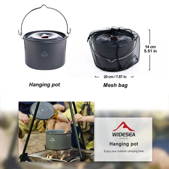 Widesea 4L Camping Hanging Pot Cookware Outdoor Bowler Επιτραπέζια σκεύη για πικνίκ 4-6 ατόμων Μαγειρική Τουρισμός Ψάρεμα Εξοπλισμός κουζίνας