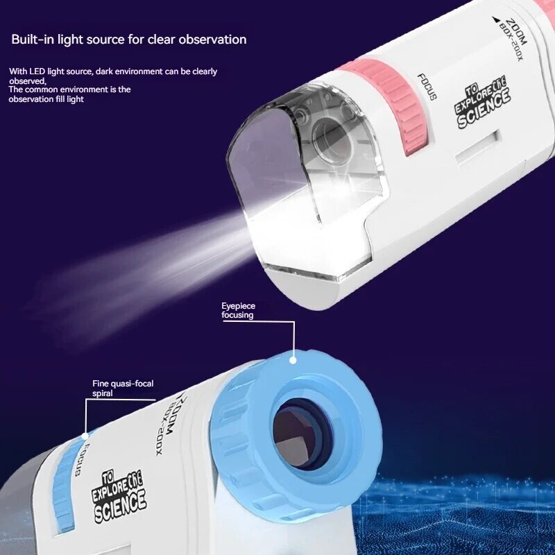 Vaikų nešiojamasis optinis mikroskopas 200 kartų su LED lemputėmis Lauko rankinis tyrinėjimas Mokomieji žaislai Mokslinis eksperimentas