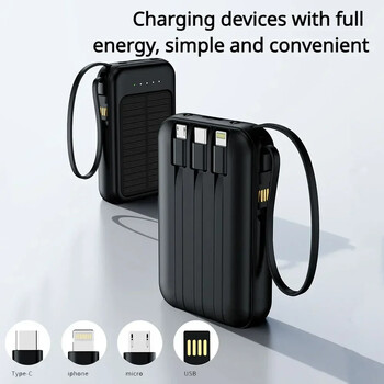 Mini Solar Power Banks 10000mAh 10W Γρήγορη φόρτιση Εφεδρική μπαταρία Ηλιακό πάνελ Thin Light Έρχεται με τέσσερα καλώδια για iPhone Andorid