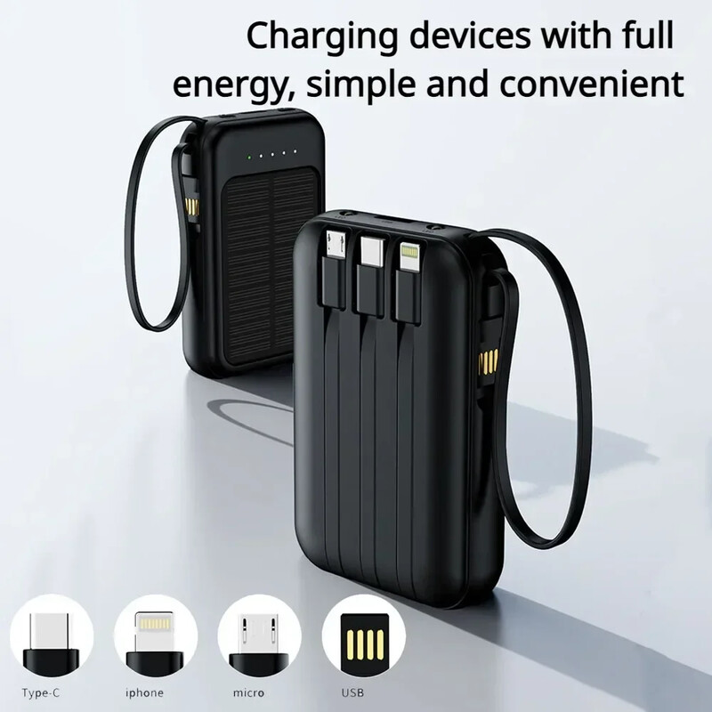 10000mAh mini-päikeseenergiapangad 10 W kiirlaadimisega varuaku päikesepaneel õhuke valgus kaasas nelja juhtmega IPhone Andorid jaoks