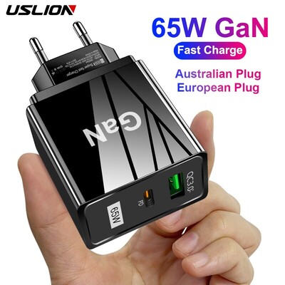 USLION 65W GaN Φορτιστής EU KR AU Plug Adapter Γρήγορη φόρτιση φορητού υπολογιστή για iPhone USB Type C Γρήγορος φορτιστής Κινητό τηλέφωνο Φορτιστής USB