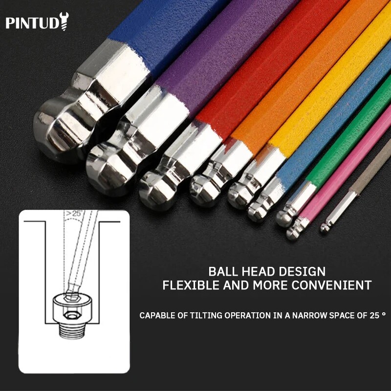 PINTUDY Unutarnji šesterokutni ključ u boji Neklizajući, otporan na hrđu Izdržljiv prijenosni set šesterokutnih ključeva Kombinacija šesterokutne kuglaste glave