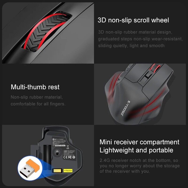 E-YOOSO X-31 Mouse mare pentru jocuri fără fir USB 2.4G pentru mâini mari PAW3212 4800 DPI 5 butoane pentru șoareci pentru jucători Computer laptop PC