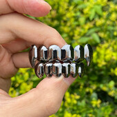 RACHELZ Hip Hop Black Fangs Tooth Grillz 14K златно покритие 6/6 Teeth Caps Decor Dental Grills For Men Women Halloween Jewelry