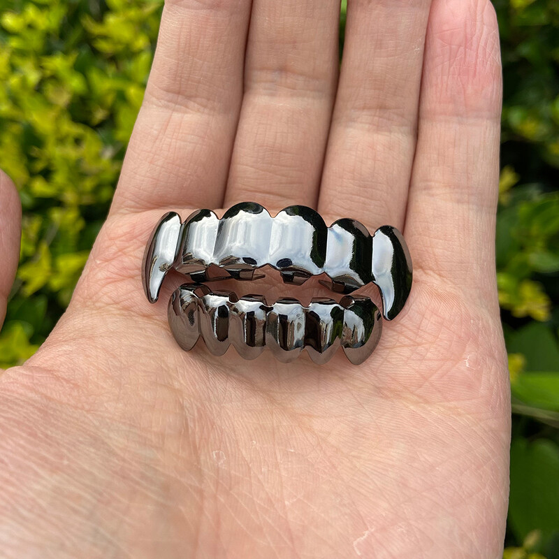 RACHELZ Hip Hop Black Fangs Tooth Grillz 14K златно покритие 6/6 Teeth Caps Decor Dental Grills For Men Women Halloween Jewelry