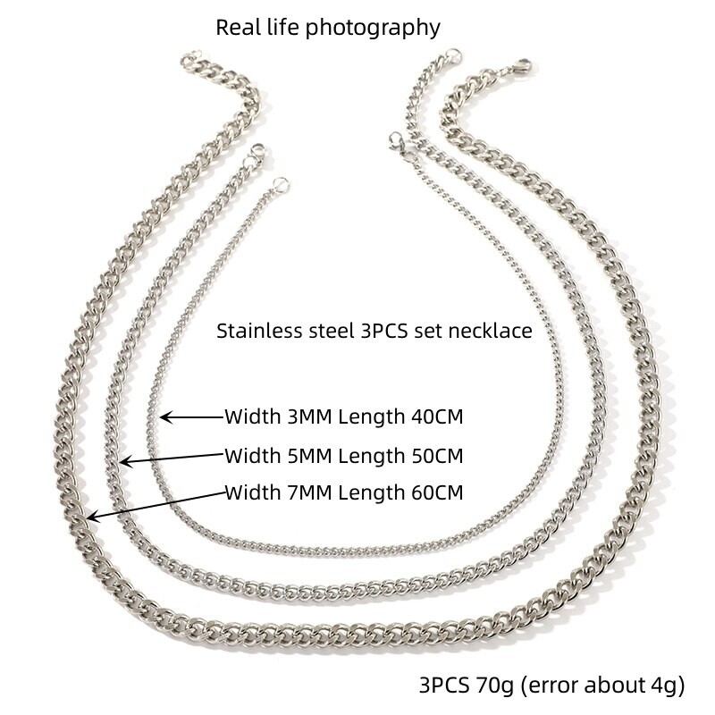 Set de colier de 3 bucăți atât pentru bărbați, cât și pentru femei, stil hip hop, din oțel inoxidabil, șase fețe, bijuterii minimaliste cu lanț cubanez