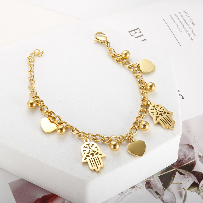 Trendikas roostevabast terasest peopesa südamega käevõru naistele, tüdrukutele kullavärvi Kuuba lingiga keti ümmargused palli käevõrud 18 K plaaditud ehted