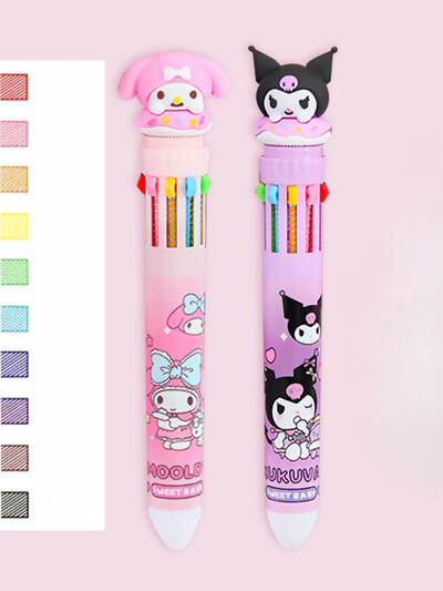 Sanrio Press Ten Color Tušinukai Cartoon Kawaii Kuromi Daugiaspalviai studentai Gel Pens Melody Sanrio Kanceliarinės prekės Rašykite mielus rašiklius