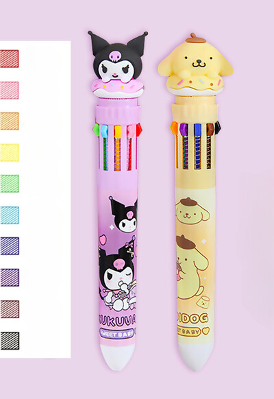 Sanrio Press Ten Color Tušinukai Cartoon Kawaii Kuromi Daugiaspalviai studentai Gel Pens Melody Sanrio Kanceliarinės prekės Rašykite mielus rašiklius