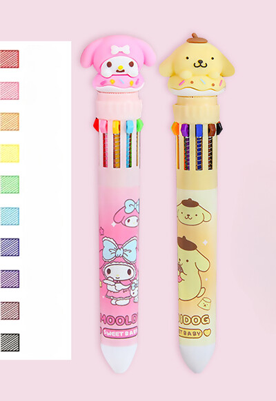 Sanrio Press Ten Color Tušinukai Cartoon Kawaii Kuromi Daugiaspalviai studentai Gel Pens Melody Sanrio Kanceliarinės prekės Rašykite mielus rašiklius