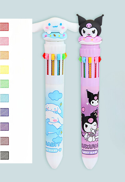 Sanrio Press Ten Color Tušinukai Cartoon Kawaii Kuromi Daugiaspalviai studentai Gel Pens Melody Sanrio Kanceliarinės prekės Rašykite mielus rašiklius