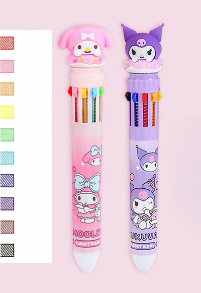 Sanrio Press Ten Color Tušinukai Cartoon Kawaii Kuromi Daugiaspalviai studentai Gel Pens Melody Sanrio Kanceliarinės prekės Rašykite mielus rašiklius