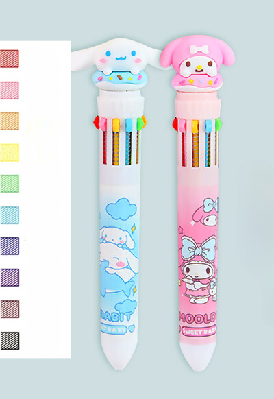 Sanrio Press Ten Color Tušinukai Cartoon Kawaii Kuromi Daugiaspalviai studentai Gel Pens Melody Sanrio Kanceliarinės prekės Rašykite mielus rašiklius