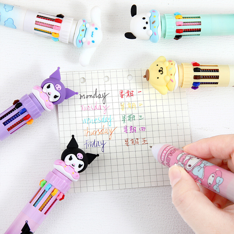 Sanrio Press Ten Color Tušinukai Cartoon Kawaii Kuromi Daugiaspalviai studentai Gel Pens Melody Sanrio Kanceliarinės prekės Rašykite mielus rašiklius