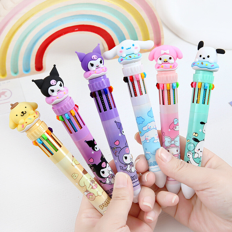 Sanrio Press Ten Color Tušinukai Cartoon Kawaii Kuromi Daugiaspalviai studentai Gel Pens Melody Sanrio Kanceliarinės prekės Rašykite mielus rašiklius