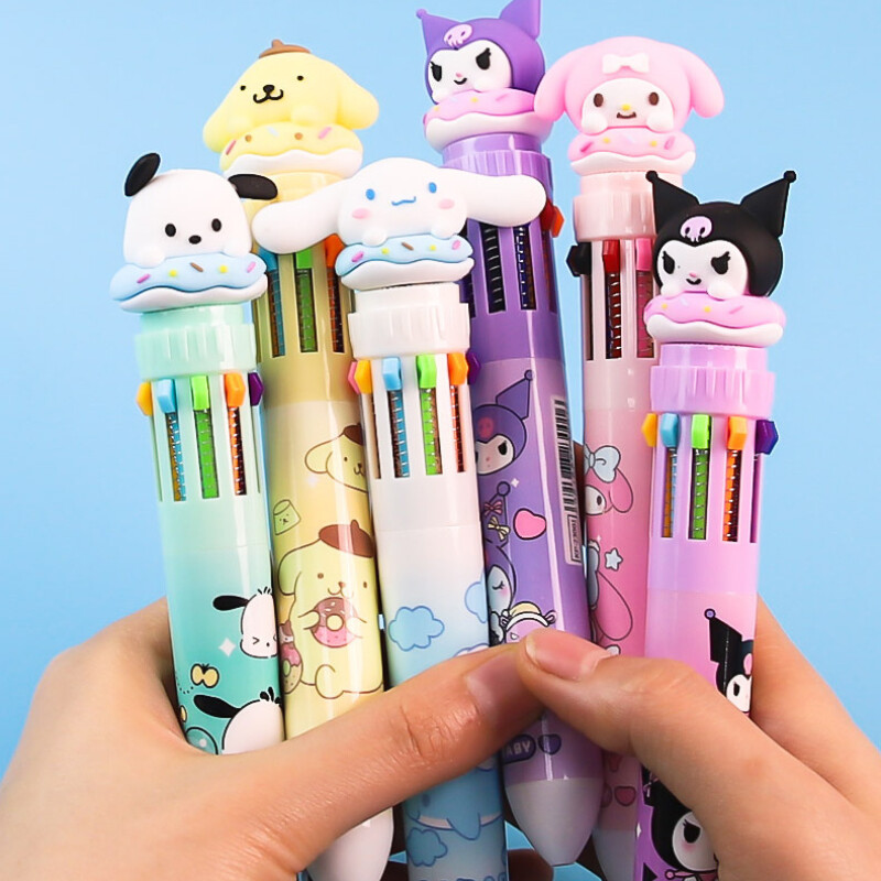 Sanrio Press Ten Color Tušinukai Cartoon Kawaii Kuromi Daugiaspalviai studentai Gel Pens Melody Sanrio Kanceliarinės prekės Rašykite mielus rašiklius