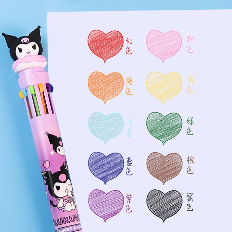 Sanrio Press Ten Color Tušinukai Cartoon Kawaii Kuromi Daugiaspalviai studentai Gel Pens Melody Sanrio Kanceliarinės prekės Rašykite mielus rašiklius