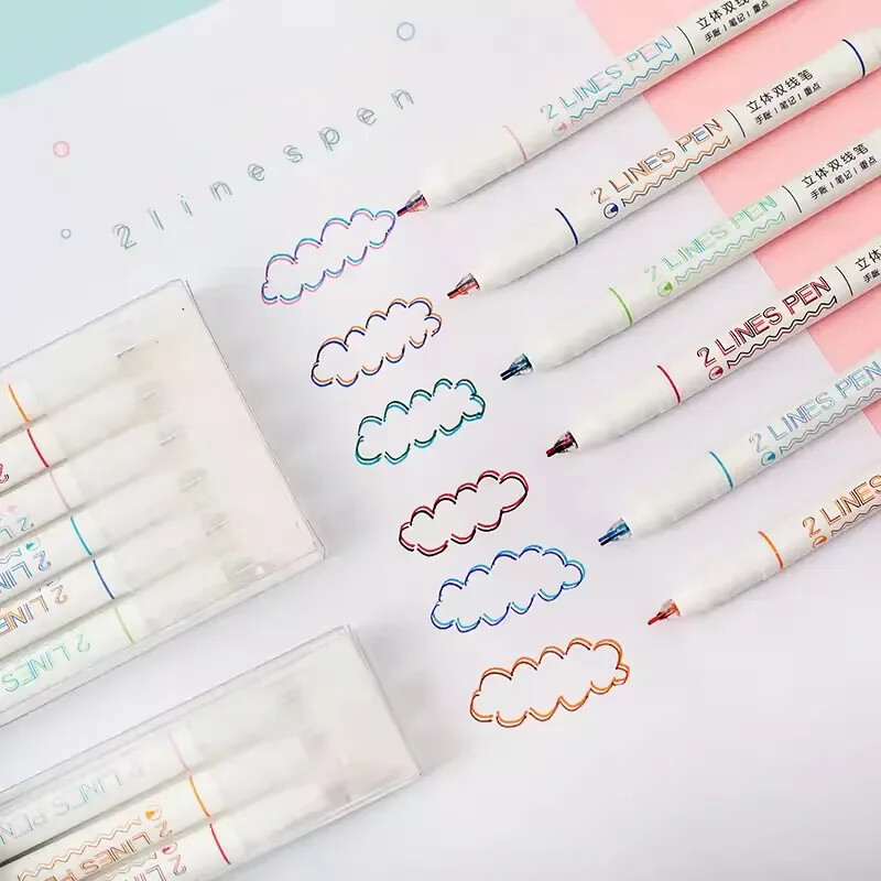 6 buc, 2 linii, pixuri colorate, pixuri, desen, pictură, graffiti, stilouri, 0,5 mm, pixuri cu gel, pigment pentru căptușeală, Highlighter, papetărie Kawaii