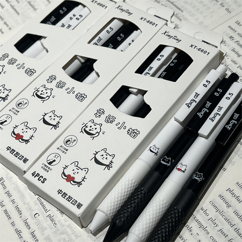 4 бр. Сладки химикалки Lucky Kitten Pen Черно мастило Kawaii Химикалки Химикалки Естетични канцеларски материали Ученически пособия Комплект химикалки Back To School