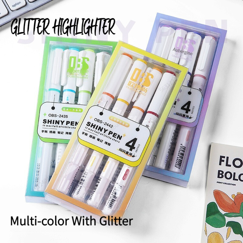4 цвята/кутия Kawaii Glitter Highlighter Pen Pastel Fine Pastel Highlighter Marker Scrapbook Рисувани канцеларски материали Ученически пособия