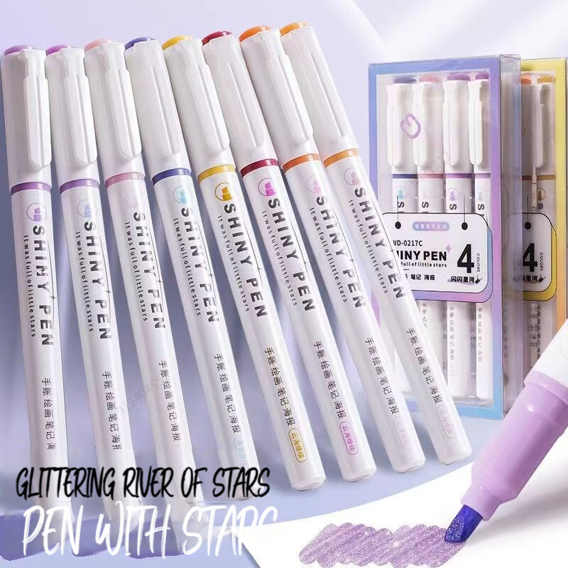 4 цвята/кутия Kawaii Glitter Highlighter Pen Pastel Fine Pastel Highlighter Marker Scrapbook Рисувани канцеларски материали Ученически пособия