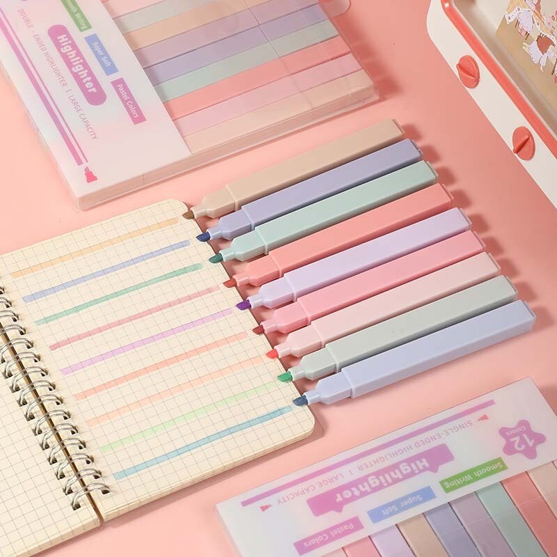 12 bucăți/set pixuri pentru evidențiere cu vârf dublu Markere manga Kawaii Midliner Pastel Gel Set Papetarie Jurnal Rechizite de birou școlare
