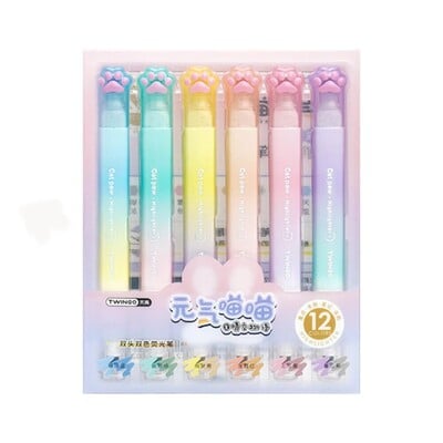 Twingo 6 buc/cutie Evidențiator cu labe de pisică cu două capete și două culori Gradient Ins Manual de valoare înaltă Marker Pen Rechizite pentru studenți