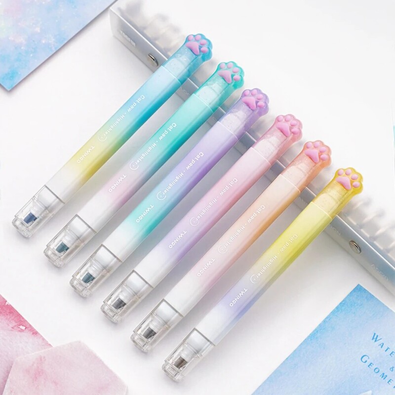 Twingo 6 buc/cutie Evidențiator cu labe de pisică cu două capete și două culori Gradient Ins Manual de valoare înaltă Marker Pen Rechizite pentru studenți