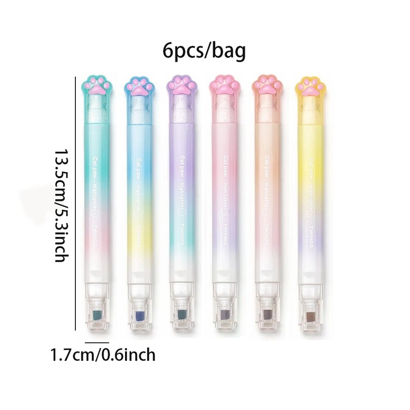 Twingo 6 buc/cutie Evidențiator cu labe de pisică cu două capete și două culori Gradient Ins Manual de valoare înaltă Marker Pen Rechizite pentru studenți