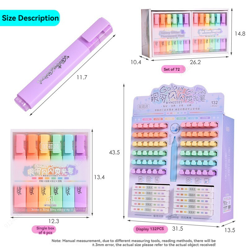 6 цвята метален хайлайтър Super Flash Флуоресцентна писалка Метален блясък хайлайтър Маркери Водене на бележки Консумативи за дневник