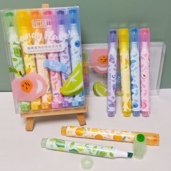 6Pcs Kawaii Stamp Highlighter Pen Сладък аромат Флуоресцентна рисунка Живопис Art Marker Pen Ученически пособия Корейски канцеларски материали