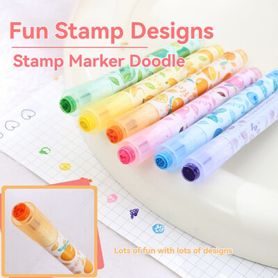 6Pcs Kawaii Stamp Highlighter Pen Сладък аромат Флуоресцентна рисунка Живопис Art Marker Pen Ученически пособия Корейски канцеларски материали