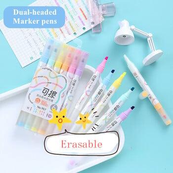 Σετ 6 χρωμάτων Kawaii Erasable Highlighters Διπλής κεφαλής Σημείωση Λαμβάνοντας Υπογράμμιση Μαρκαδόροι πάχους 4mm Φθορίζοντα στυλό σημειώσεων