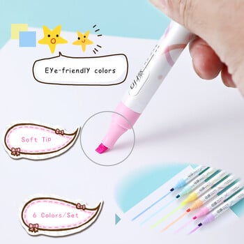 Σετ 6 χρωμάτων Kawaii Erasable Highlighters Διπλής κεφαλής Σημείωση Λαμβάνοντας Υπογράμμιση Μαρκαδόροι πάχους 4mm Φθορίζοντα στυλό σημειώσεων