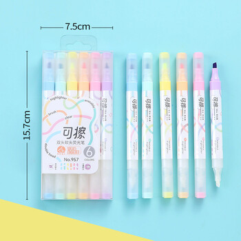 Σετ 6 χρωμάτων Kawaii Erasable Highlighters Διπλής κεφαλής Σημείωση Λαμβάνοντας Υπογράμμιση Μαρκαδόροι πάχους 4mm Φθορίζοντα στυλό σημειώσεων