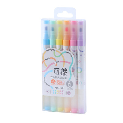 6 värvi komplekt Kawaii kustutatavad markerid kahe peaga märkme tegemiseks Allajoonitud 4 mm paksused markerid fluorestseeruvad märkmepliiatsid